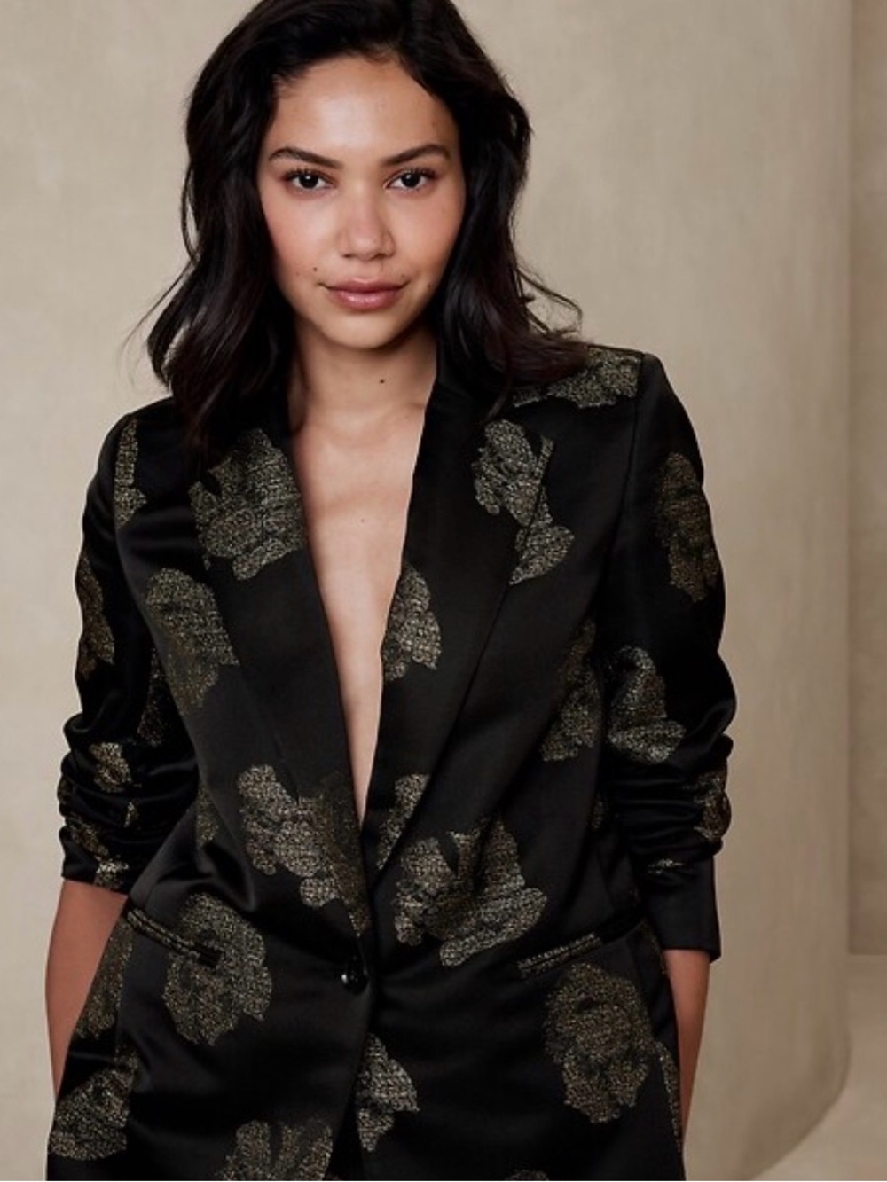 Banana Republic Factory Black Blazer with Gold Floral Jacquard